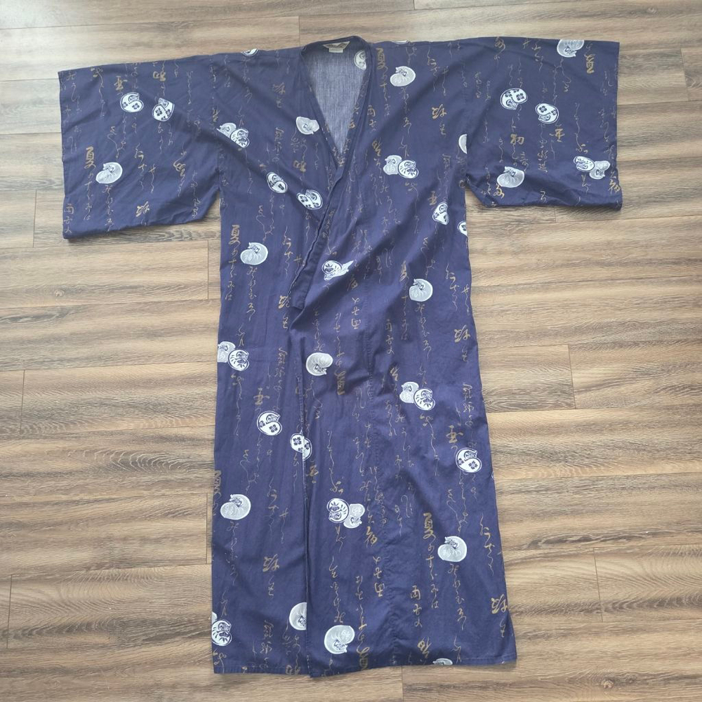 Vintage Made in Japan Cotton Kimono Robe Housecoat Navy Gold Medium
